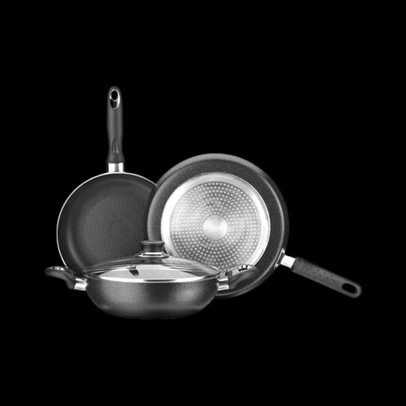 Non-stick pans showing SS 430 induction base plates